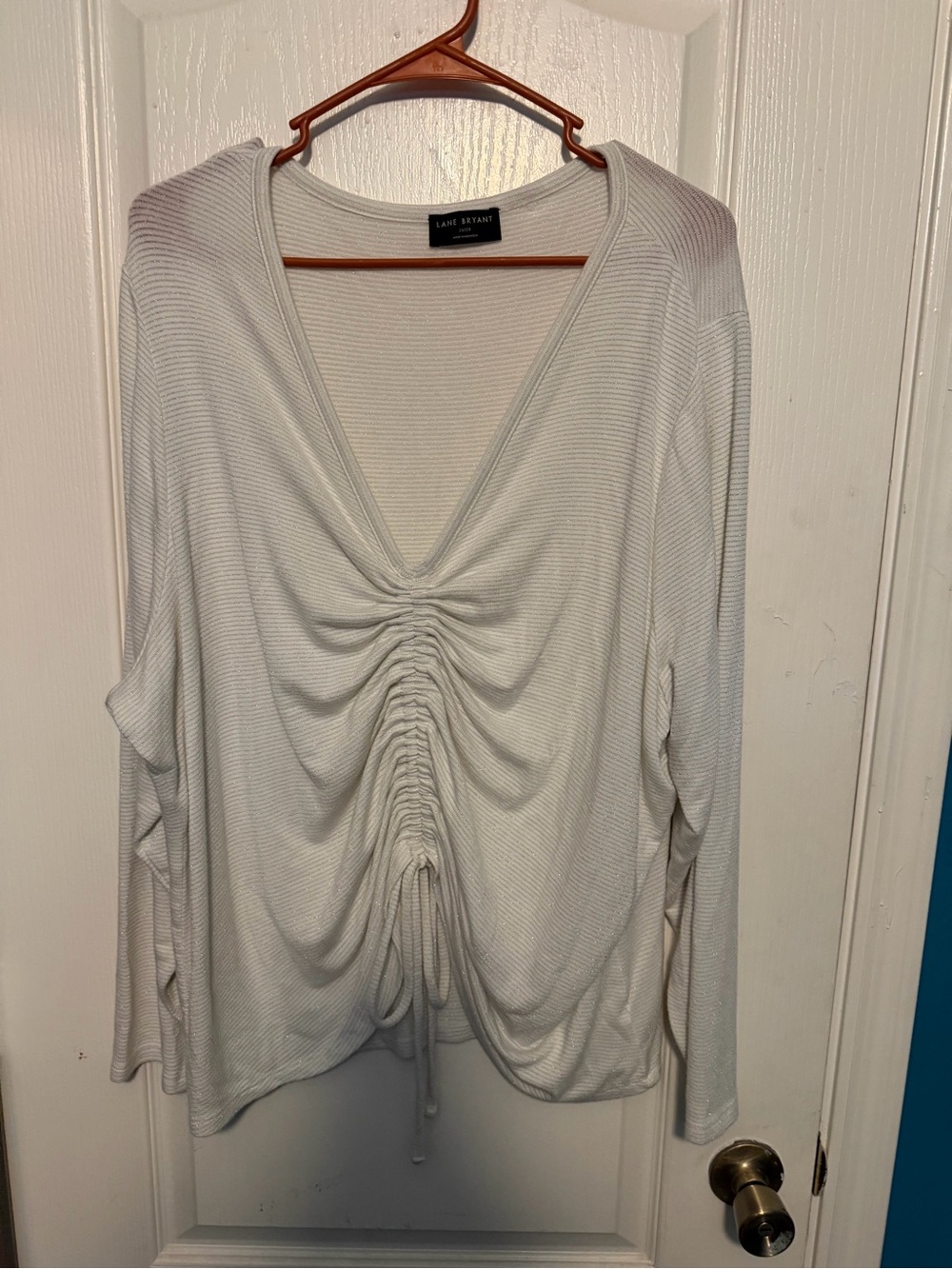 Lane Bryant White Ruched V-Neck Long Sleeve Top
